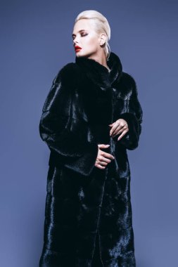 Studio poz lüks kürk paltolu güzel bir kadın. Lüks, zengin yaşam tarzı. Ateş moda. 