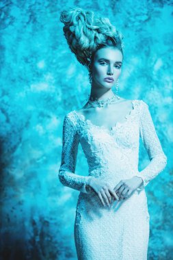 Sıkı bir elbise giyen güzel soğuk bir Bayan portresi. Kar kraliçesi. Güzellik, kozmetik, saç modeli, moda.