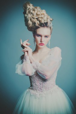 Kabarık elbise ve stüdyoda gri arka plan üzerinde poz soğuk bir güzel Bayan portresi. Güzellik, kozmetik, saç modeli, moda.