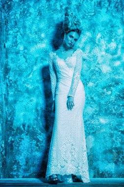 Sıkı bir elbise giyen güzel soğuk bir Bayan portresi. Kar kraliçesi. Güzellik, kozmetik, saç modeli, moda.