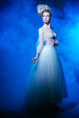 Kabarık elbise ve stüdyoda mavi arka plan üzerinde poz soğuk bir güzel Bayan portresi. Güzellik, kozmetik, saç modeli, moda.