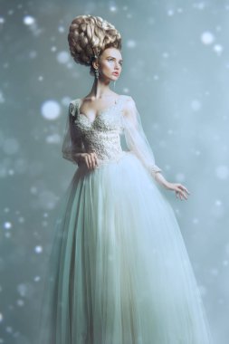 Kabarık elbise ve stüdyoda gri arka plan üzerinde poz soğuk bir güzel bayan bir tam uzunlukta portresi. Güzellik, kozmetik, saç modeli, moda.