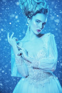Kabarık elbise ve karlı bir mavi arka plan üzerinde poz soğuk bir güzel Bayan portresi. Güzellik, kozmetik, saç modeli, moda.