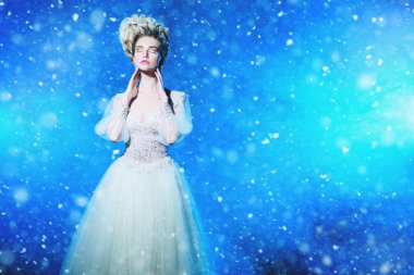 Kabarık elbise ve karlı bir mavi arka plan üzerinde poz soğuk bir güzel Bayan portresi. Güzellik, kozmetik, saç modeli, moda.