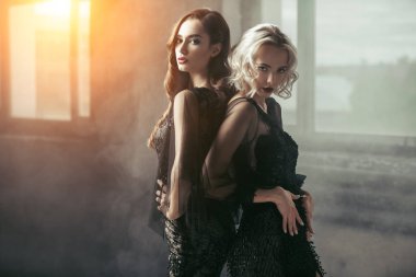 İki çekici kadın gece kıyafetleri içinde poz. Gece kıyafetleri. Moda, güzellik.