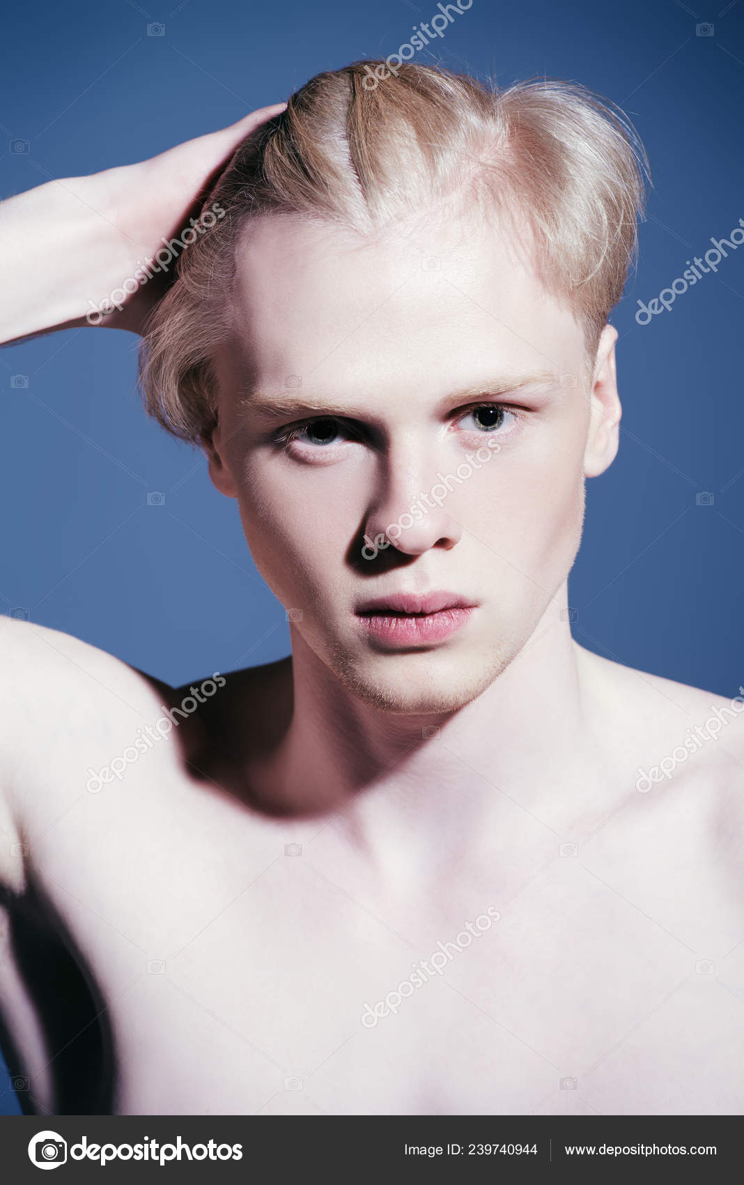 Portrait Shirtless Young Man Blond Hair Posing Studio Men Beauty