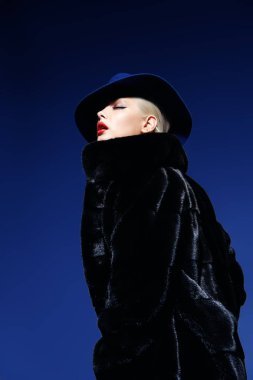 Çok güzel sarışın kadın lüks kürk manto ve şapka poz. Moda, güzellik. Stüdyo vurdu.