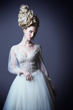 Kabarık elbise ve stüdyoda gri arka plan üzerinde poz soğuk bir güzel Bayan portresi. Güzellik, kozmetik, saç modeli, moda.