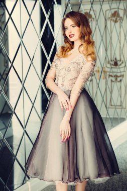 Abiye bir güzel zarif kadın portresi. Moda, olaylar için elbiseler Akşam.