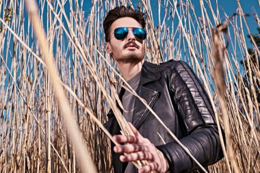 Siyah deri ceketli ve güneş gözlüklü yakışıklı genç adam sazlıkların yanındaki parkta duruyor. Özgürlük ve macera ruhu. Erkek modası. 