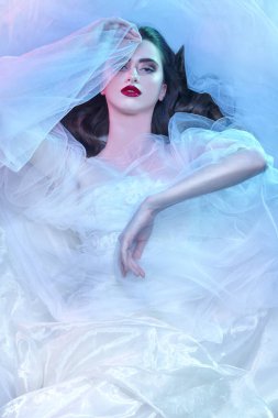 Şeffaf beyaz bir gelinlik içinde yerde duvağı olan çekici esmer kadın. Güzellik, moda portresi. Makyaj ve kozmetik.