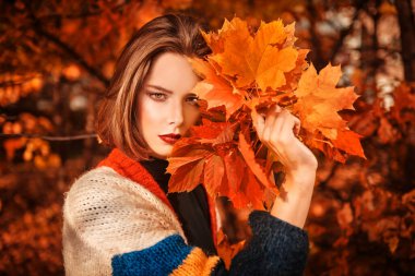 Güz parkında elinde bir buket akçaağaç yaprağı olan güzel romantik bir kız. Sonbahar güzelliği, moda.