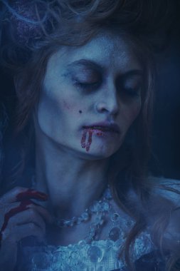 Cadılar Bayramı. Çekici ve korkunç bir vampir kadının yakın plan portresi. Klasik stil.