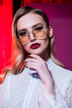 Gözlük takan kendine güvenen bir kadının portresi. Güzellik, makyaj, tarz.
