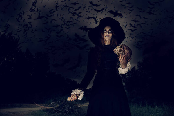 A portrait of an angry witch with a skull and a hook near the forest against the sky with lots of bats. Magic, dark force, spell.