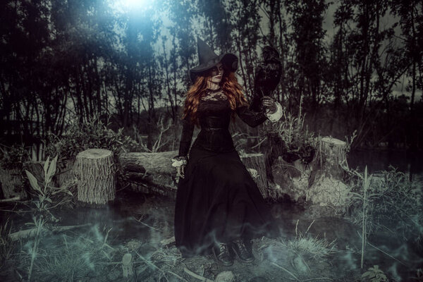 A full length portrait of an angry witch with a black raven outdoor. Magic, dark force, spell.