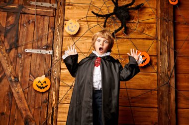 Cadılar Bayramı. Cadılar Bayramı 'nda karnaval kostümü içinde şeker mi şaka mı oynayan şirin bir çocuk..