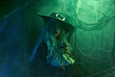 Korkunç çirkin bir cadı terk edilmiş bir cadının ininde duruyor. Cadılar Bayramı. Korkunç hikayeler.. 