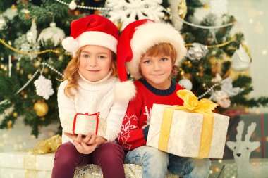 Mutlu Noeller ve mutlu yıllar! Mutlu arkadaşlar Noel 'i kutlar ve tatiller için süslenmiş güzel hediyeler verirler. Güzel bir Noel ağacının yanında Noel. 