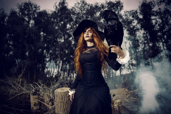 A portrait of an angry witch with a black raven outdoor. Magic, dark force, spell.