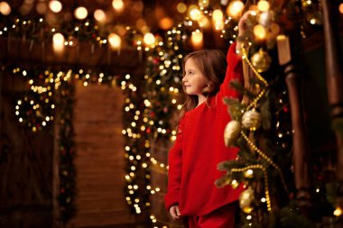 Mutlu Noeller ve mutlu yıllar! Mutlu küçük kız Noel 'i ladin çelenkleri ve yeni yıl oyuncaklarıyla süslenmiş bir evde kutluyor. Sihrin, ışığın ve ışıltının atmosferi etrafımızda..