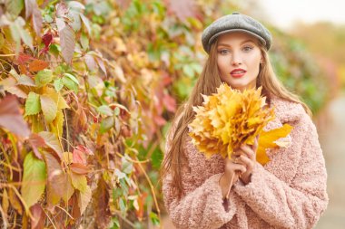 Mutlu sonbahar havası. Güz parkında elinde bir buket sarı akçaağaç yaprağıyla güzel genç bir kadın yürüyor.. 