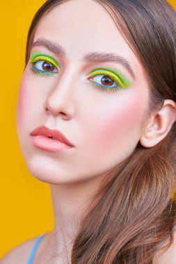 Makyaj ve makyaj malzemeleri. Sarı arka planda parlak renkli makyajlı güzel bir kızın yakın plan portresi..