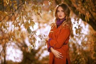 Güzel genç bayan sonbahar parkında poz veriyor. Sonbahar güzelliği, moda.