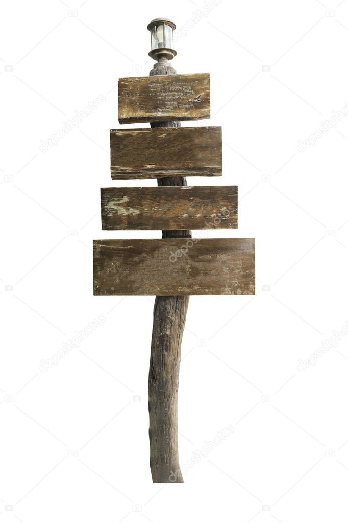 Wooden signpost with light bulb isolated on white background