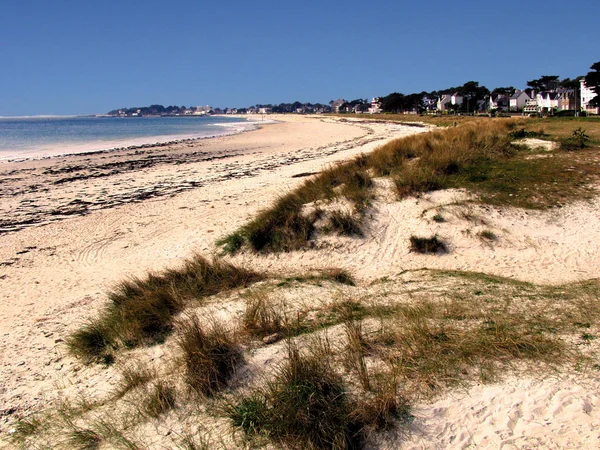 Costa Arenosa Con Casas Carnac Durante Día Francia — Foto de Stock