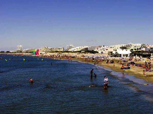 Vista Costa Com Turistas Mar Languedoc França — Fotografia de Stock