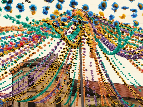 Paper Flowers Flags Celebration Festival Fetes Montpon Village Dordogne France — Stock Photo, Image