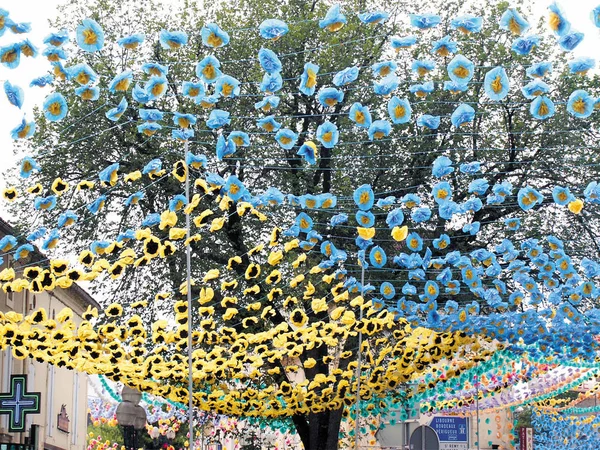 紙の花フラグ祝賀祭お姫様 Montpon 村ドルドーニュ フランス — ストック写真