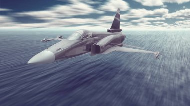 Jet avcı uçağı savaş uçak gerçekten düşük bir misyon için saldırmaya okyanus su üzerinde uçan füzeleri ile silahlı