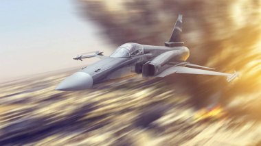 Jet avcı uçağı savaş uçak düşük saldırmak için bir göreve şehir zemin üzerinde uçan füzeleri ile silahlı. Patlama içinde belgili tanımlık geçmiş