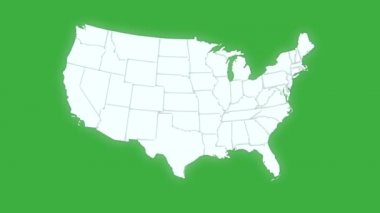 Amerika Birleşik Devletleri haritası farklı eyaletleri gösteriyor. Animasyon ABD çevresindeki 48 ABD eyalet haritası izole edilmiş yeşil ekran kroma anahtar arka planında. 4k animasyon