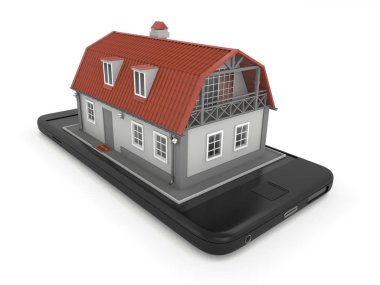 Bir cep telefonu, beyaz arka plan üzerinde küçük ev. Akıllı ev concept. 3D render. 