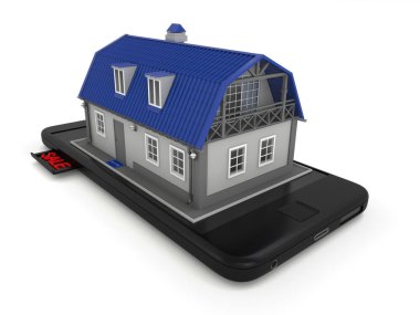 Bir cep telefonu, beyaz arka plan üzerinde küçük ev. Akıllı ev concept. 3D render. 