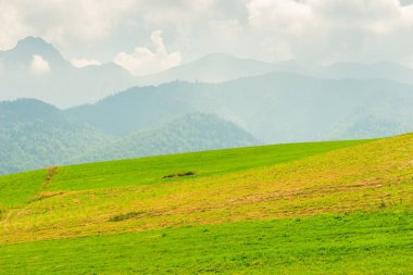 Dağ tarafı yeşil çimen, dağları nın görünümü ile