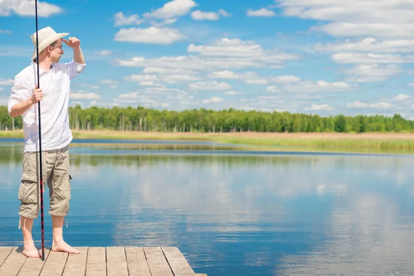 Portrait Fisherman Pier Looking Away Lake — Stock Photo, Image