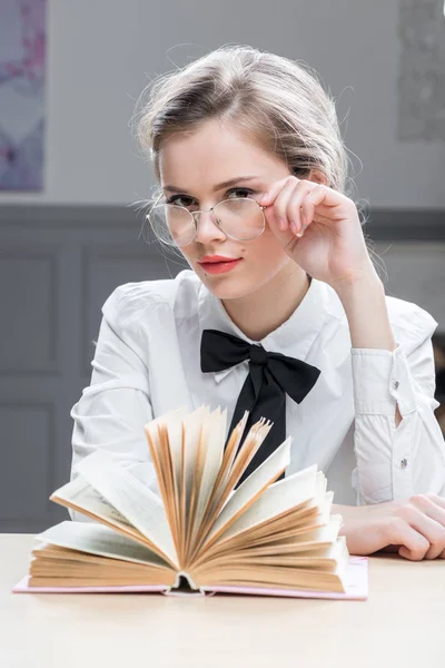 Charming Successful Businesswoman Glasses Book Table Sits — Stock Photo, Image