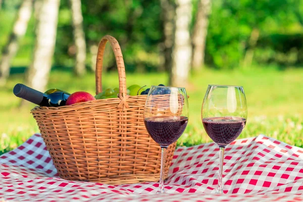赤ワインや果物や 公園の芝生の上のテーブル クロスの上にワインの 杯付きバスケット クローズ アップ — ストック写真