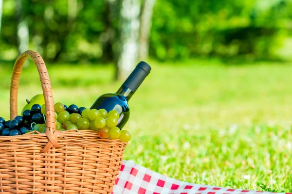 Basket Grapes Bottle Wine Space Writing Right — Stock Photo, Image