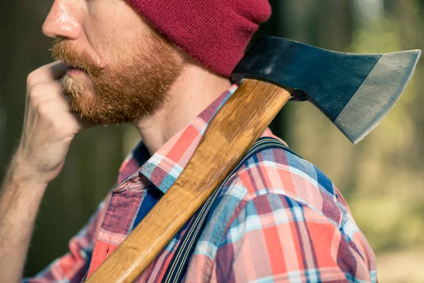 Forester Red Beard His Shoulder Walks Forest Close Portrait — Stock Photo, Image