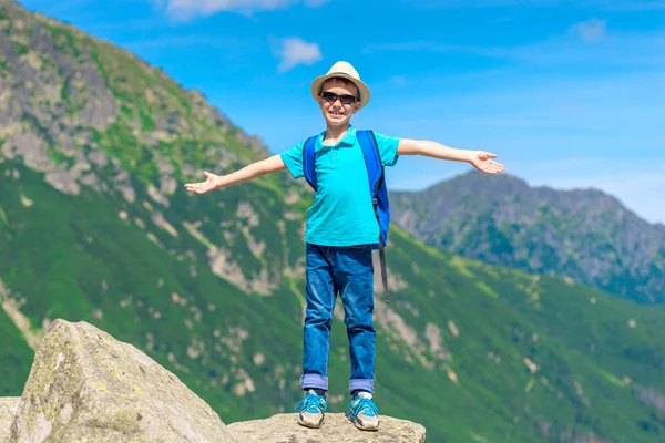 旅行者の少年が山や岩の上に立って自由の美しさを楽しむ — ストック写真
