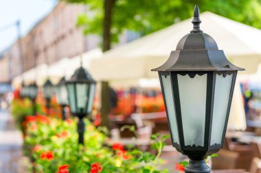 şehrin güzel çiçekler yakın çekim tarafından çevrili şık retro fener