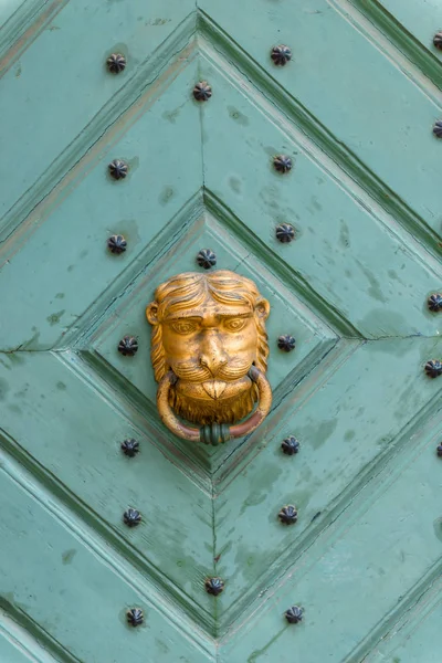 Old Wooden Door Brass Handle Shape Lion Head Close — Stock Photo, Image