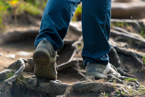 石の上で観光のクローズ アップの足で歩くトレッキング — ストック写真