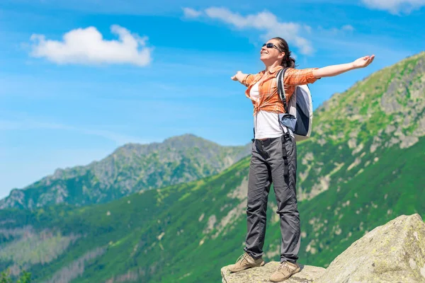 Turist Med Ryggsäck Bakgrunden Vacker Natur Bergen Åtnjuter Frihet — Stockfoto