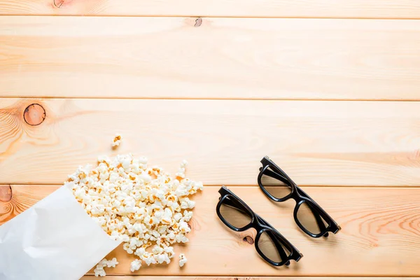 Glasses Watching Movie Popcorn Wooden Boards Space Top — Stock Photo, Image